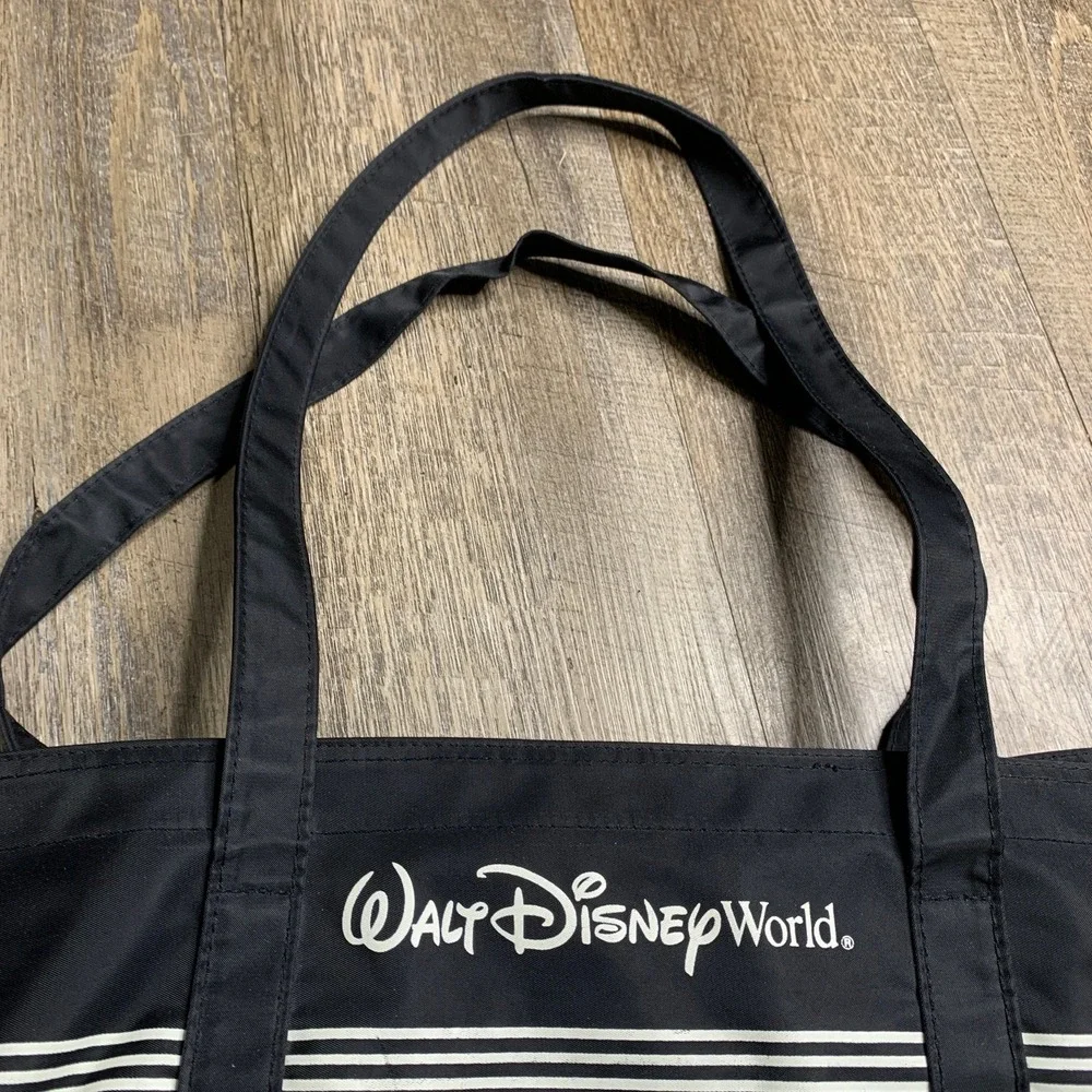 Walt Disney World Womens Tote Bag Black Striped Vinyl Travel Mickey Mouse